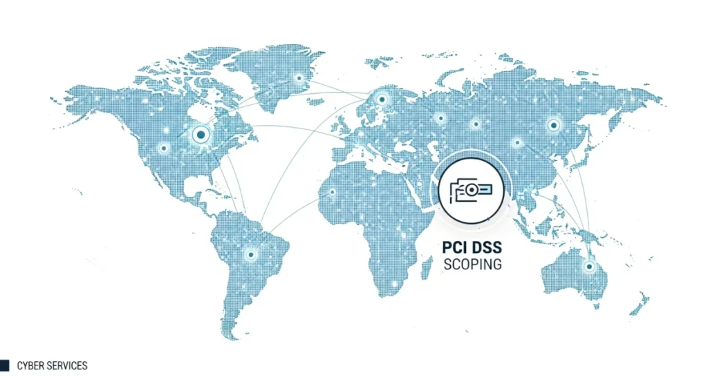 Bản đồ thế giới kỹ thuật số minh họa rõ nét phạm vi PCI DSS Scoping, giúp định hướng an ninh dữ liệu hiệu quả. Cyber Services.