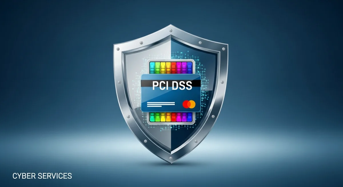 Lá chắn bảo vệ trung tâm dữ liệu kỹ thuật số tượng trưng cho tiêu chuẩn PCI DSS, đảm bảo an toàn tối đa cho mọi giao dịch thẻ của bạn. Cyber Services